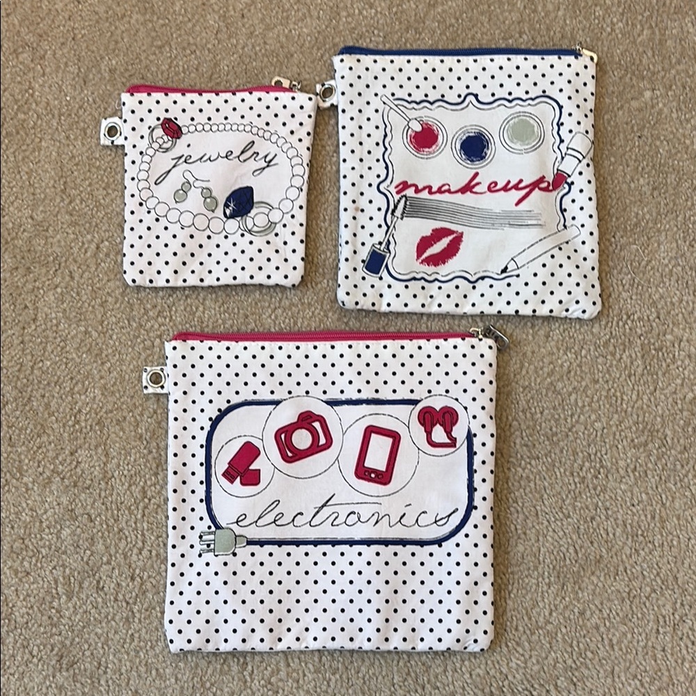 Set of 3 Polka Dot Travel Pouches Set - Jewelry, Makeup, Electronics